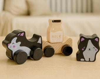 Juguete ecológico de madera hecho a mano para gatos y gatitos, juego de aprendizaje Montessori de madera, regalo para niños de 2 años, juguetes de madera para gatos.