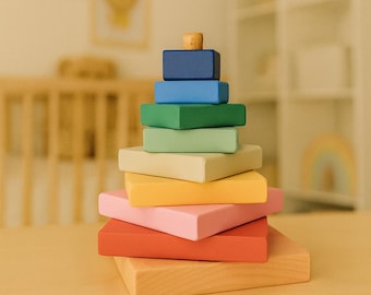 Juguete de pirámides de madera apilables, clasificador Montessori arcoíris