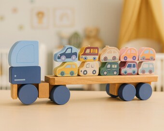 Camión de juguete de madera con 8 coches, juego de transporte de coches ecológico.