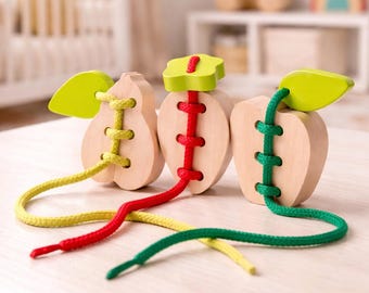 Juguete de madera para ensartar frutas, juego de enhebrado Montessori, tablero para desarrollar la motricidad fina.