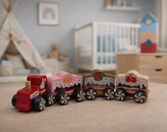Tren de madera para tartas hecho a mano, juguete Montessori para empujar y tirar.