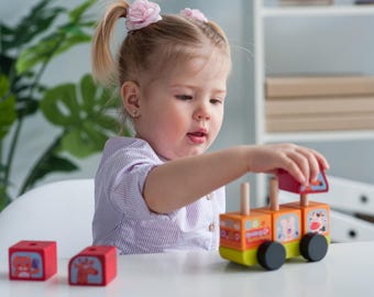 Autobús de madera apilable con animales, juego Montessori para niños pequeños