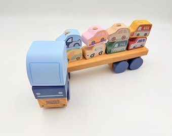 Camión transportador de coches de madera, juguete Montessori para niños pequeños, coches de madera maciza ecológicos.