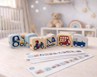 Juguete de coche de madera con cordones hecho a mano, actividad Montessori para niños pequeños