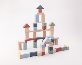 Bloques de construcción de madera hechos a mano, juguete geométrico apilable de 50 piezas, juguetes Montessori para niños de 2 años.
