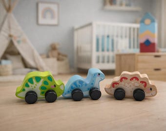 Coches de dinosaurios de madera hechos a mano, juguetes Montessori de dinosaurios, regalo para niños pequeños