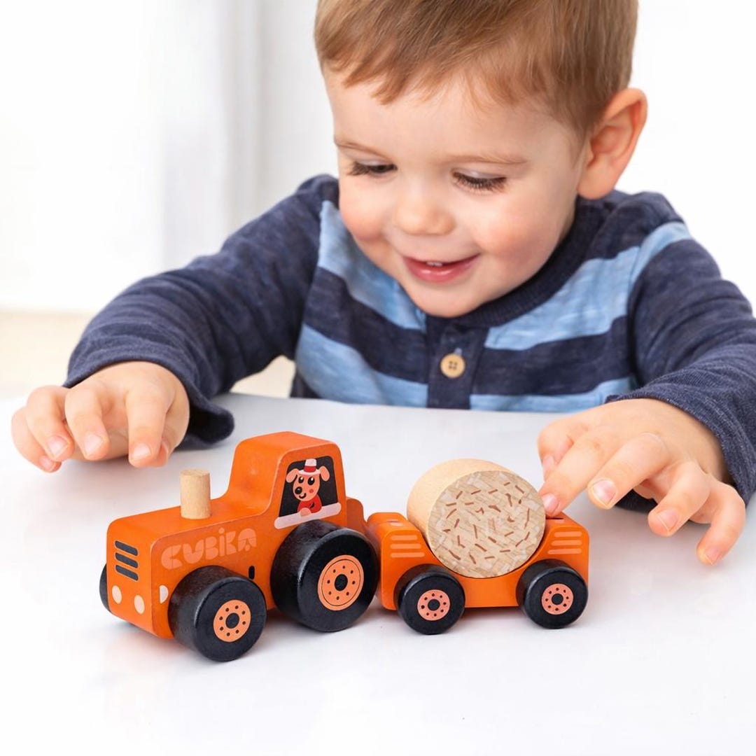 Wooden Tractor Toy With Trailer, Montessori Toddler Activity, Fsc ...