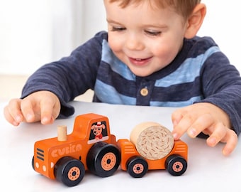 Tractor de juguete de madera con remolque, actividad Montessori para niños pequeños, vehículo de madera con certificación FSC.