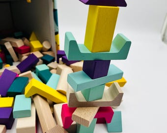 Kit de bloques de construcción de madera Montessori, 100 piezas con formas geométricas