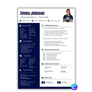 Op de afbeelding: Een college-softbalwervingscv voor Emma Johnson, klas van 2026. Het document bevat een foto van een speler in een marineblauw shirt, contactgegevens, spelersprofiel, softbalervaring, sportieve prestaties, academische gegevens en coachcontact.