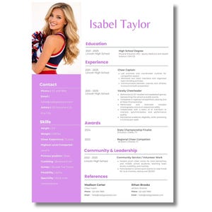 Op de afbeelding: Een cv voor Isabel Taylor, met een foto van een lachende vrouw in een cheerleading-uniform. Het document bevat opleiding, ervaring als Cheer Captain en Varsity Cheerleader, vaardigheden en prijzen.