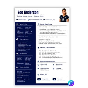 May include: A white and dark blue athletic resume for Zoe Anderson, a college soccer recruit. It includes a photo, contact details, player profile, soccer experience, athletic achievements, academics, coach contacts, and video links.
