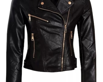 Women’s Black Lambskin Leather Jacket – Short & Trendy Biker Moto Style with Gold Hardware.