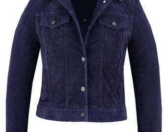 Handmade Women’s Blue Goat Suede Jacket – Soft Leather Outwear.