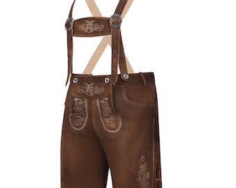 May include: Brown leather lederhosen shorts with suspenders. The shorts feature decorative embroidery on the front pockets and sides. The suspenders are attached with metal buckles and have a light brown backing.