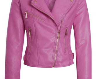 Women’s Pink Leather Biker Jacket – Handmade Moto Style with Gold Hardware.