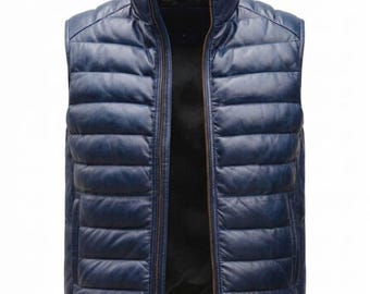 Luxury Blue Lambskin Leather Puffer Vest - Premium Slim Fit Leather Gilet.