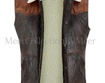 Handgemaakt leren vest van schapenvacht: vintage westerncowboygilet