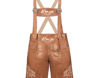 May include: Brown leather lederhosen shorts with suspenders. The shorts feature decorative white embroidery on the front pockets and the suspender straps. The suspenders are attached with silver-colored buckles. The shorts have gold-colored buttons.