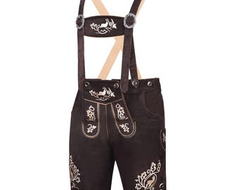 Pantaloni Bavaresi In Pelle Scamosciata Con Bretelle Regolabili - Marrone Scuro Per Oktoberfest E Feste