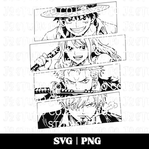 Może przedstawiać: Czarno-biała ilustracja przedstawiająca cztery postacie z anime. Górny panel przedstawia uśmiechniętą postać w słomkowym kapeluszu. Drugi panel przedstawia postać trzymającą broń. Trzeci panel przedstawia postać z mieczami. Dolny panel przedstawia postać palącą.