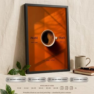 May include: A framed digital wall art print featuring a top-down view of a coffee cup on an orange background. The text reads "Sip. Think. Repeat." at the top, "PAUSE" and "POWER DOWN" on the left, and "CREATE" and "POWER UP" on the right of the cup.