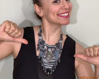 Weaving Jewelry - Woven Necklace - Needle woven necklace - Fiber jewelry - African bead designs - Unique hand woven necklace - Gray woven