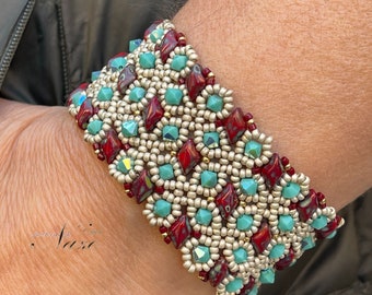 Spanish Lace Bracelet, Swarovski Bicones Bracelet, Beadwoven Cuff Bracelet ,Gemduo beads bracelet, Rattan Band beaded, Extra wide bracelet