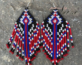 African Tribal Large Statement earrings,Bohemian Ethnic Tribal Long Beaded Tassel Earrings,Native American Beaded Earrings,Boho Jewelry