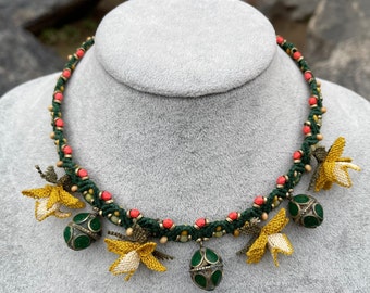 Necklace made with handmade afghan beads, macrame necklace with afghan beads, needle lace macrame necklace,afghan jewelry,Macramé Choker,