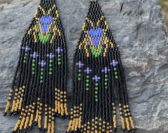 Beaded fringe earrings, Egyptian scarab fringe bead earrings, Egyptian long,Totem earrings, Gothic beadwork,Mystical earring