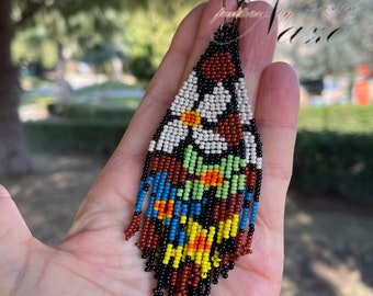 Floral Earrings,Beaded fringe earrings,Dangle earrings,Native bohemian earrings,Bead floral earrings,Boho flowers earrings,Colours earrings