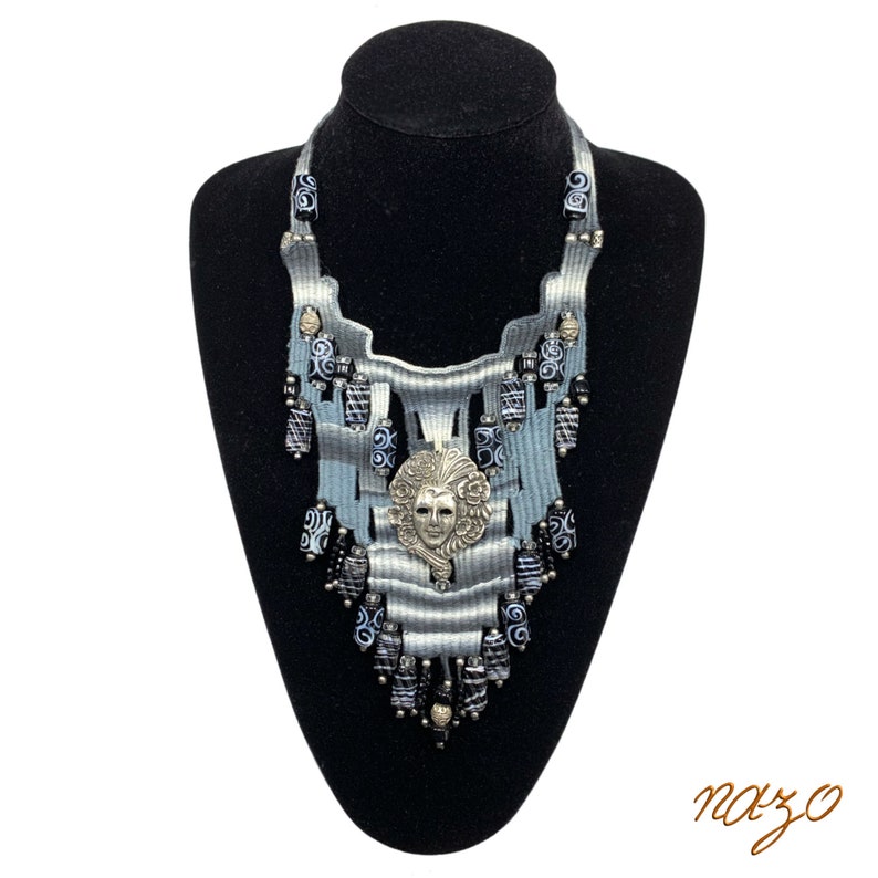 Weaving Jewelry - Woven Necklace - Needle woven necklace - Fiber jewelry - African bead designs - Unique hand woven necklace - Gray woven image 2