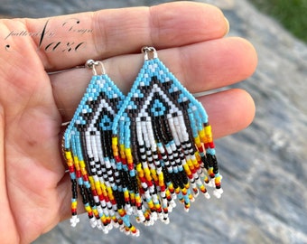 Blue fringe earrings , Long dangle earrings ,Seed Beaded Earrings Western Style Earrings, Ear Art, Trendy  Earrings, Long fringe earrings