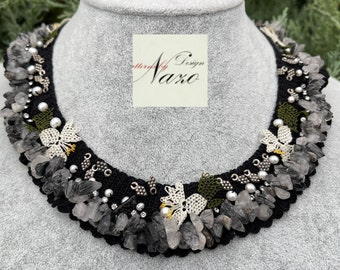 needle lace natural STONE NECKLACE, Bohemian Crochet ,Beaded Lace jewellery,Black Necklace,Handcrafted Ethnic Necklace Jewellery