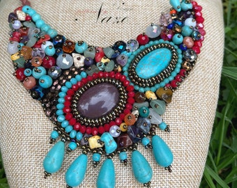Embellished Necklace ,turquoise stone embroidered necklace ,Handmade Bead embroidered necklace