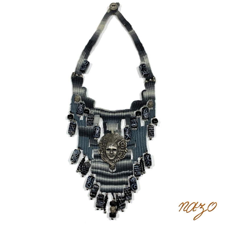 Weaving Jewelry - Woven Necklace - Needle woven necklace - Fiber jewelry - African bead designs - Unique hand woven necklace - Gray woven image 3