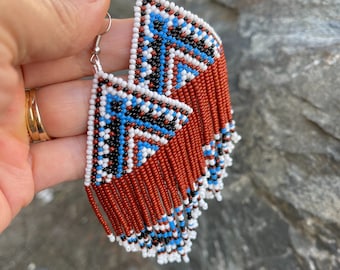 Rug pattern fringe earrings-Native American Inspired Seed Bead Earrings-earrings for valentine's day-western jewelry-boho tribal earrings