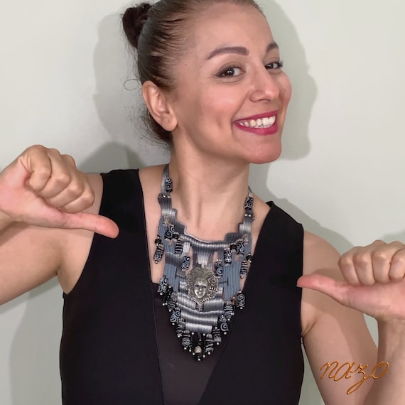 Weaving Jewelry - Woven Necklace - Needle woven necklace - Fiber jewelry - African bead designs - Unique hand woven necklace - Gray woven
