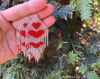 Red Heart Earrings,Fringed Love Earrings,Beaded Dangle Earrings,Boho Heart Earrings,Valentine Beaded Earrings,Love Earrings ,Long Earrings
