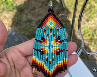 Native american beaded earrings, Blue indian earrings, Seed bead earrings, Tribal earrings, Long fringe earrings, Boho blue green earring