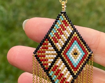Fringe Pendant-Clubbing Jewellery-Peyote Stitch pendant-Geometric beade-Boho Peyote Necklace-Native America Style - Traditional Beadwork