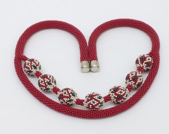 Red Crochet Necklace - Two Strand  Ball Necklace - Beaded Crochet - Seed Beads Crochet Ball Pendant