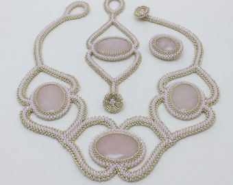 Natural quartz stone jewelry, pink crystal necklace, pink quartz stone necklace, pink bridal necklace, pink necklace set pink stone jewelery