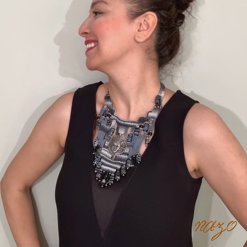 Weaving Jewelry - Woven Necklace - Needle woven necklace - Fiber jewelry - African bead designs - Unique hand woven necklace - Gray woven image 9