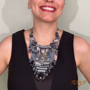 Weaving Jewelry - Woven Necklace - Needle woven necklace - Fiber jewelry - African bead designs - Unique hand woven necklace - Gray woven image 5
