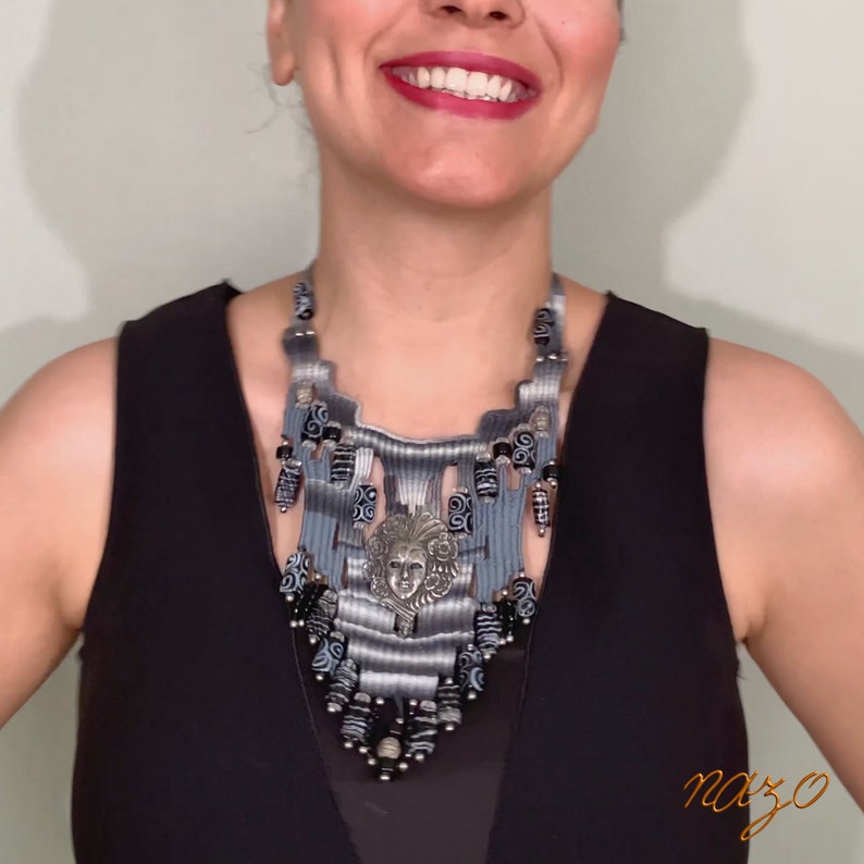 Weaving Jewelry - Woven Necklace - Needle woven necklace - Fiber jewelry - African bead designs - Unique hand woven necklace - Gray woven image 5