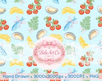 Sardinas Oyster Print Costa Amalfitana Costera Pescador Estética Patrón Sin Fibras Papel Digital para Sublimación Diseño de Marca de Tela