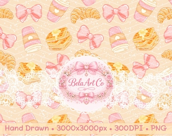 Cutecore Patrón sin costuras Croissant Desayuno Lazo Café Estética Rosa Femenino Lindo Comida Papel Digital Sublimación Uso Comercial