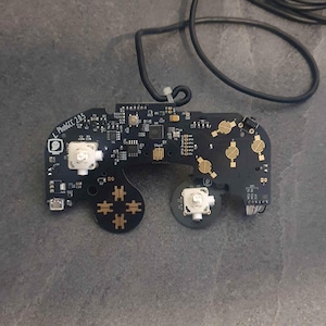 Può includere: Una scheda di circuito nera con joystick bianchi e pulsanti color oro. Il testo "L PhobGCC 2.05" è stampato sulla scheda. Un cavo nero è collegato alla scheda.